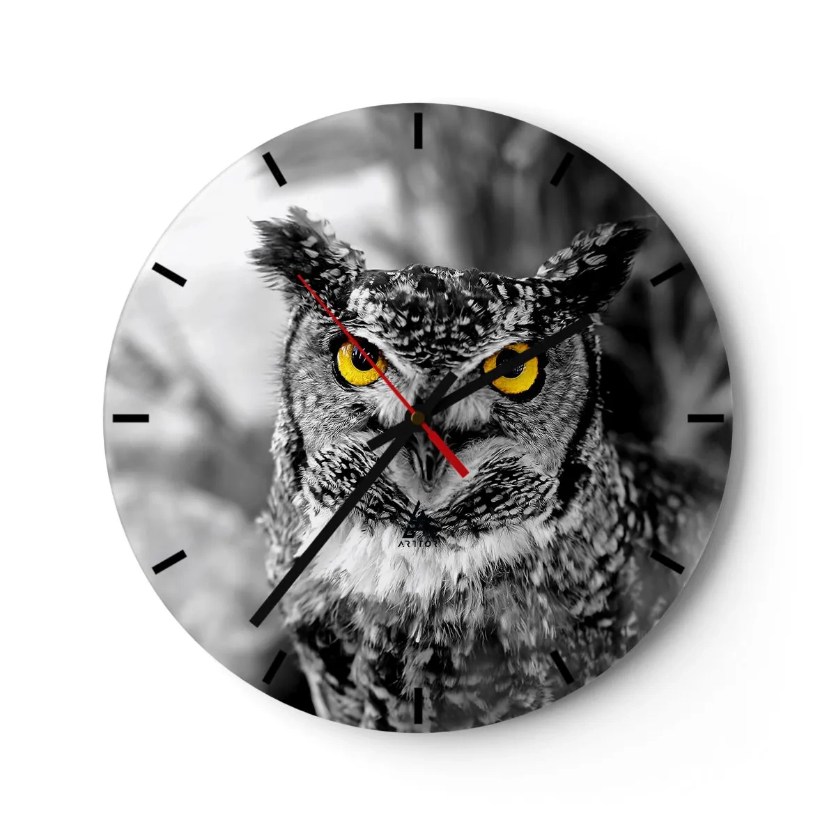 Wall clock - Clock on glass - An owl with yellow eyes on a black and white background - 30x30cm - Nothing Can Hide - Modern wall decoration for the living room, kitchen, and bedroom ARTTOR
