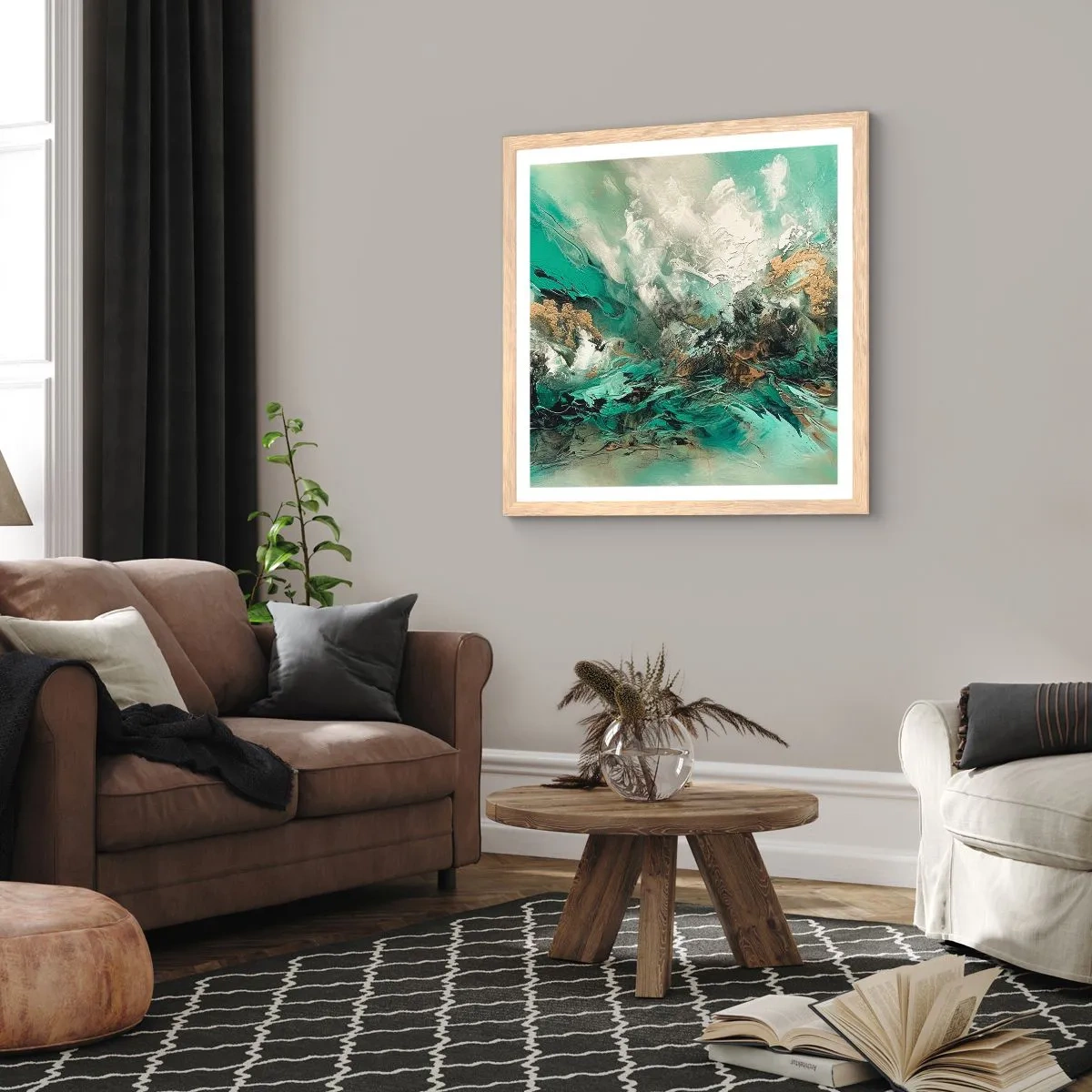 Poster in light oak frame - Emerald and Black Lump - 50x50 cm