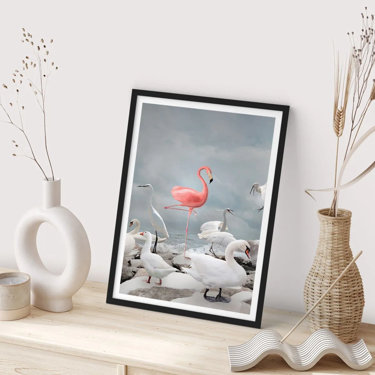 Poster in black frame - A pink flamingo surrounded by white birds against the sky - 50x70cm - Where Did I Come from? - Modern wall decoration for the living room and bedroom ARTTOR