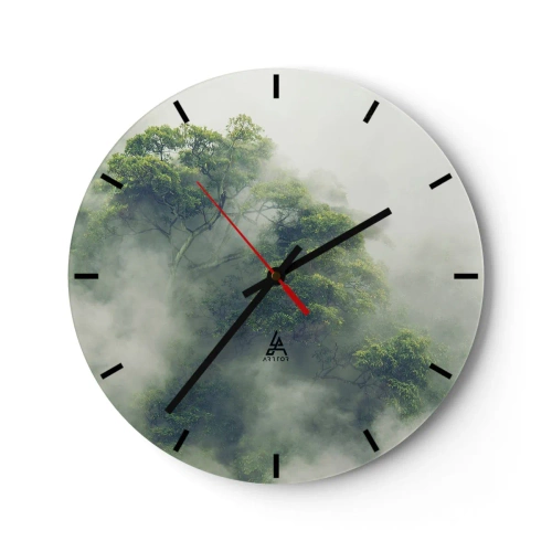 Wall clock - Clock on glass - Green trees shrouded in mysterious fog - 30x30cm - Wrapped In Fog - Modern wall decoration for the living room, kitchen, and bedroom ARTTOR