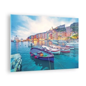 Glass picture - Evening view of Cinque Terre with its colorful buildings - 70x50cm - Colourful Evening in a Port - Modern wall decoration for the living room and bedroom ARTTOR