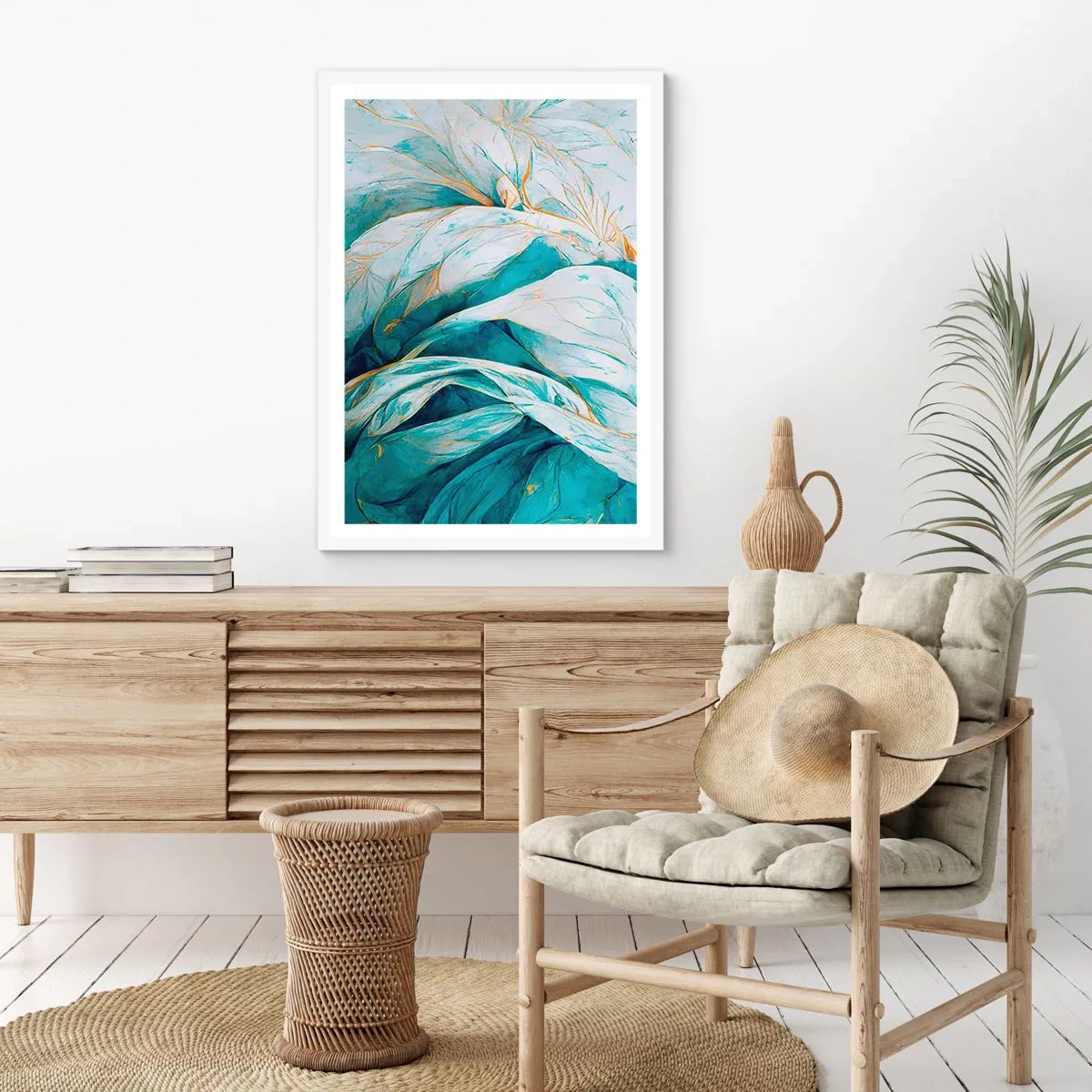 Poster in white frmae - Blue Abstract with a Golden Motif - 50x70 cm