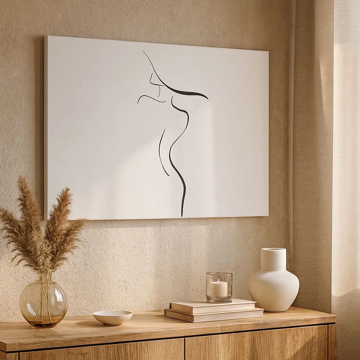 Canvas picture - Minimalist outline of a female silhouette on a white background - 70x50cm - Elusive Like a Wave - Modern wall decoration for the living room and bedroom ARTTOR