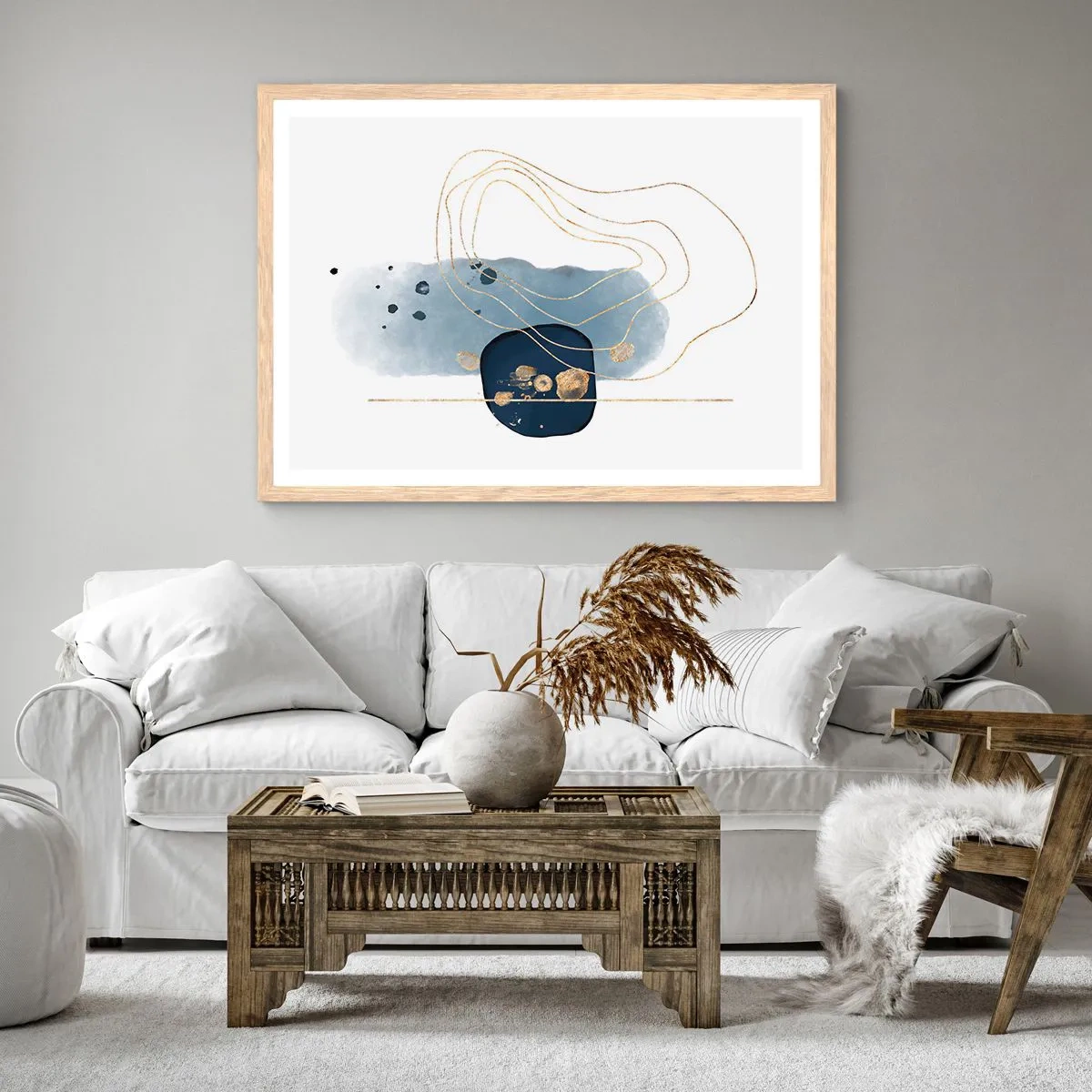 Poster in light oak frame - Blue and Gold Fantasy - 70x50 cm