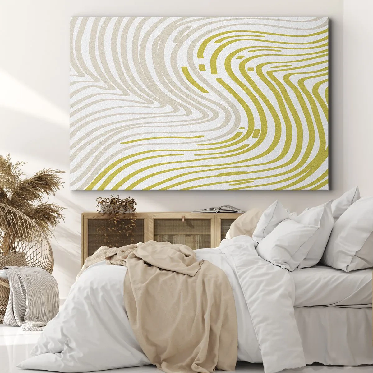 Canvas picture - An abstract pattern with wavy lines in shades of yellow and beige. - 70x50cm - Composition with a Gentle Curve - Modern wall decoration for the living room and bedroom ARTTOR