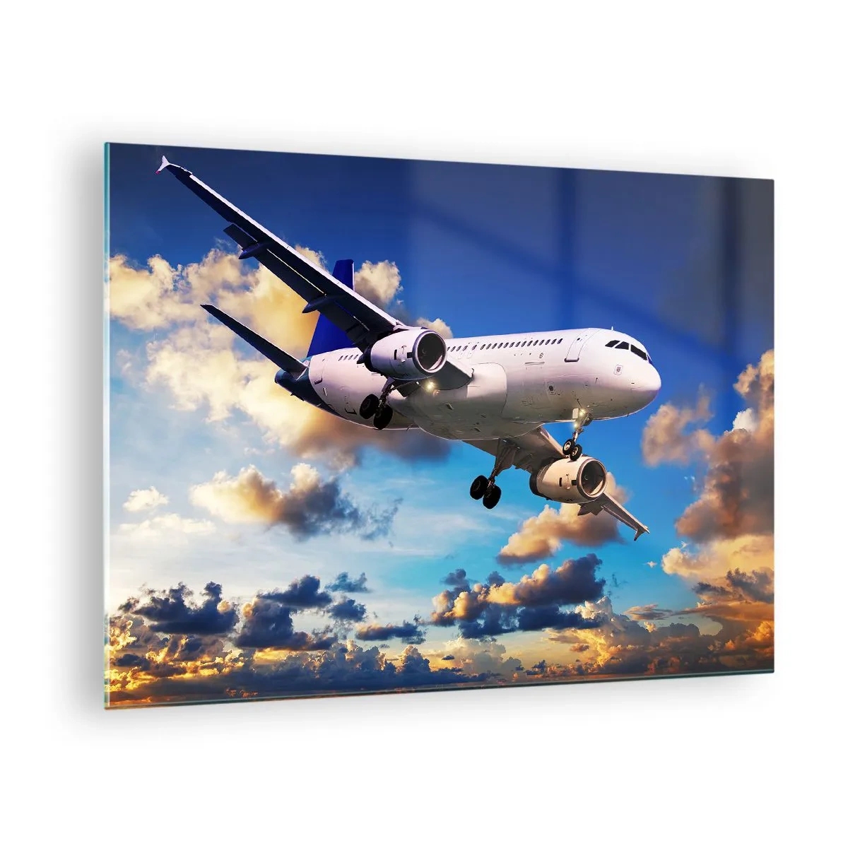 Glass picture - An airplane in flight against a picturesque sky - 70x50cm - Journey in White and Blue - Modern wall decoration for the living room and bedroom ARTTOR