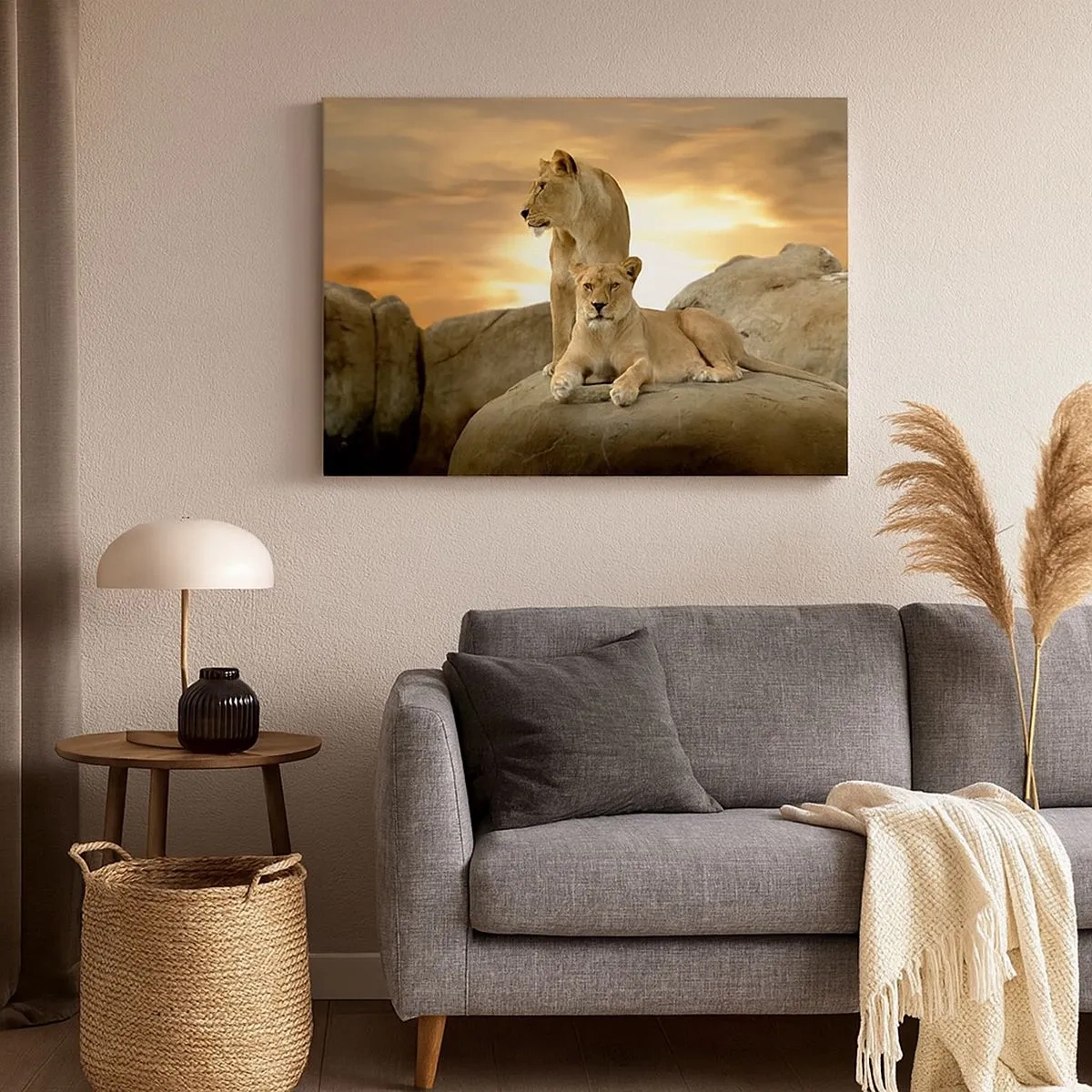 Canvas picture - Two lionesses resting on a rock during sunset - 70x50cm - Royal Majesty - Modern wall decoration for the living room and bedroom ARTTOR