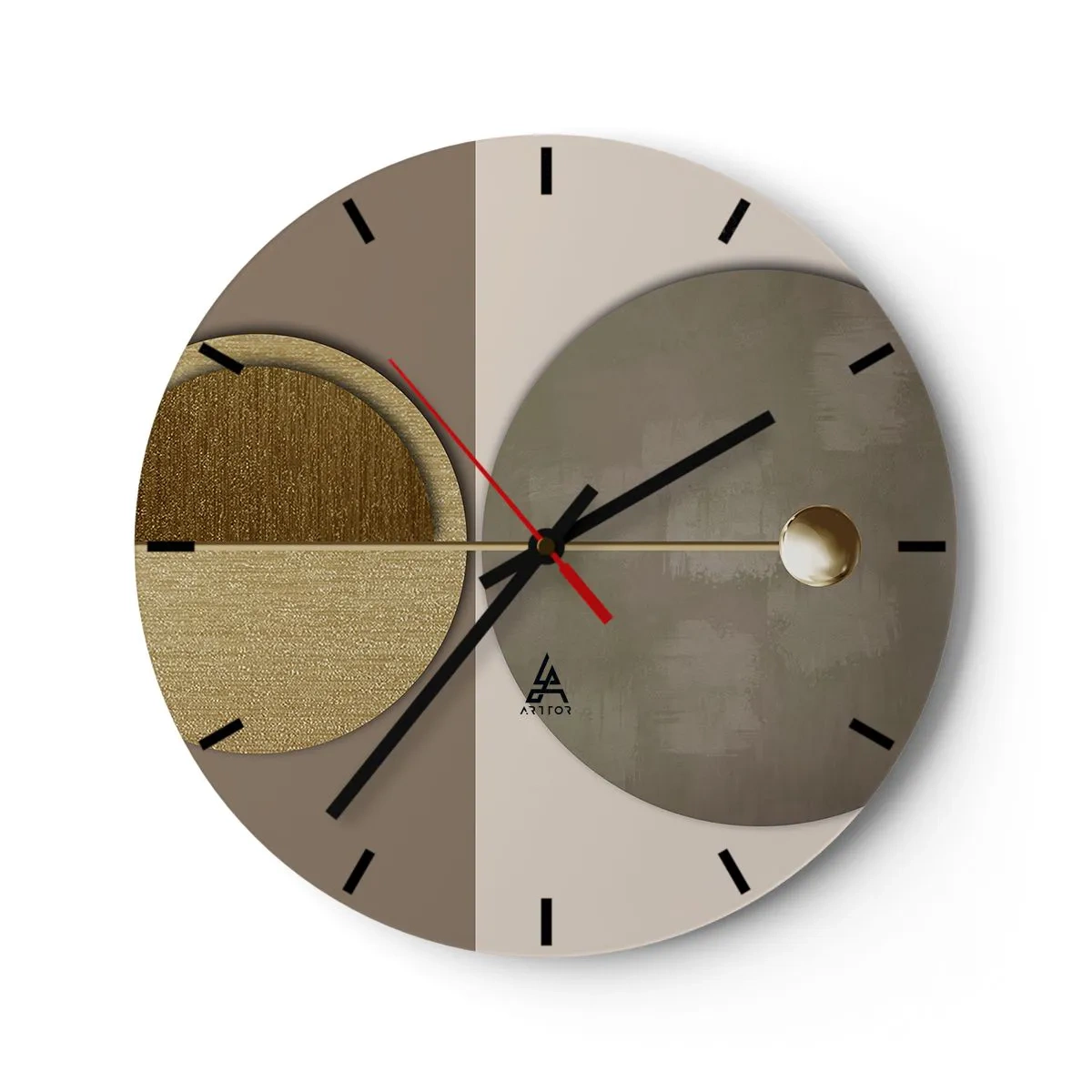 Wall clock - Clock on glass - Gold and beige geometric forms against a contrasting background - 30x30cm - Perfect Balance - Modern wall decoration for the living room, kitchen, and bedroom ARTTOR