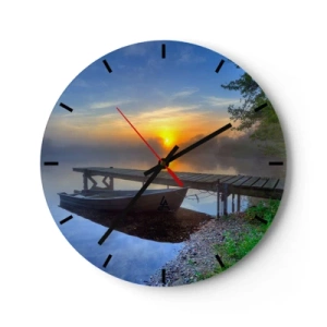 Wall clock - Clock on glass - A boat at the pier during sunrise over the lake - 30x30cm - When Ordinary Changes into Magic - Modern wall decoration for the living room, kitchen, and bedroom ARTTOR