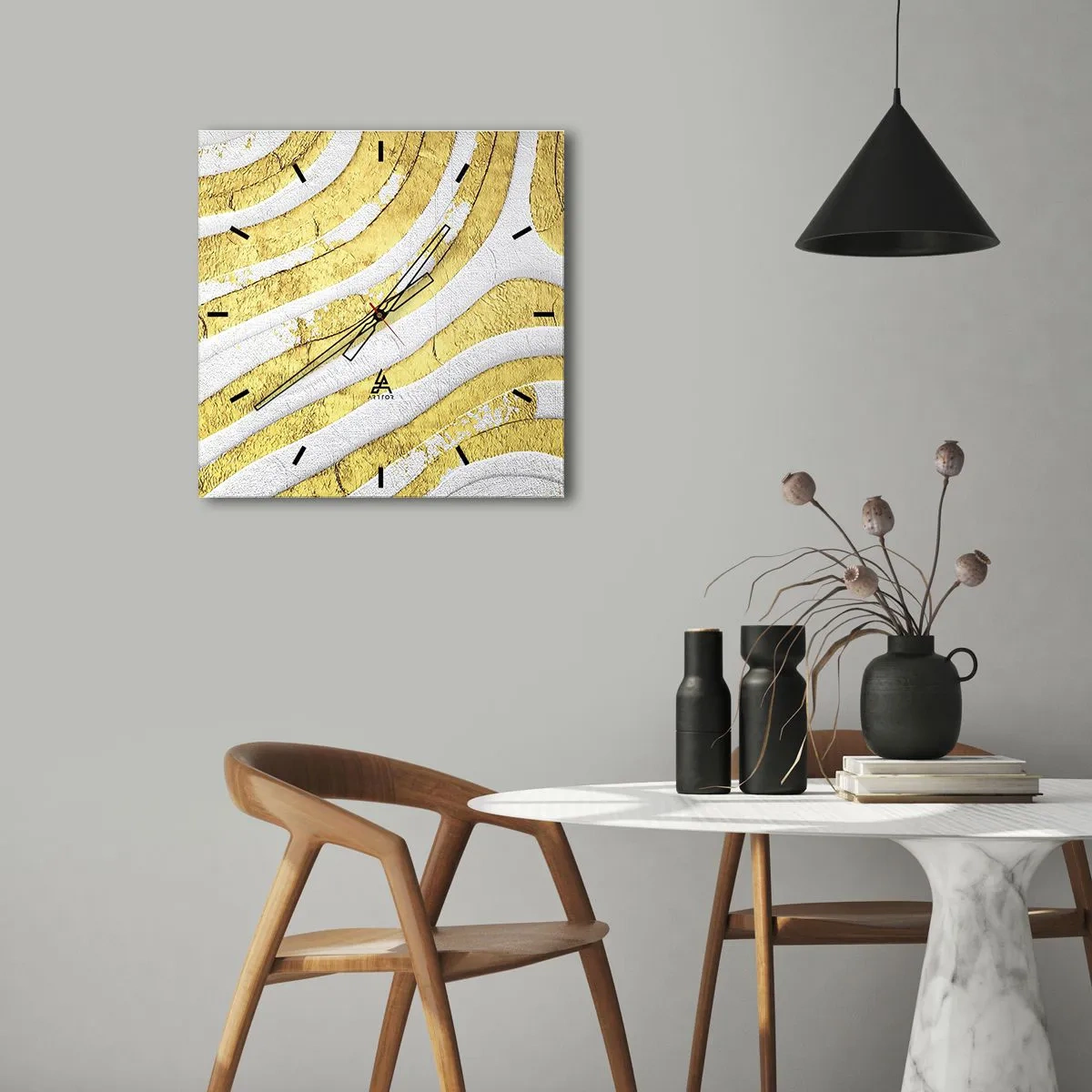 Wall clock - Clock on glass - Composition in White and Gold - 30x30 cm