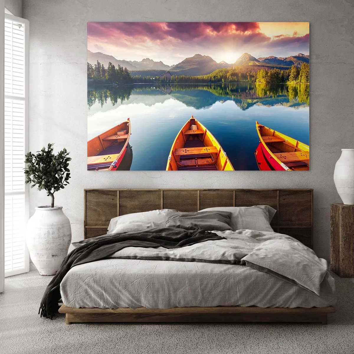 Glass picture - Three wooden boats on a lake with a view of the mountains at sunset - 70x50cm - Nothing against Nature - Modern wall decoration for the living room and bedroom ARTTOR