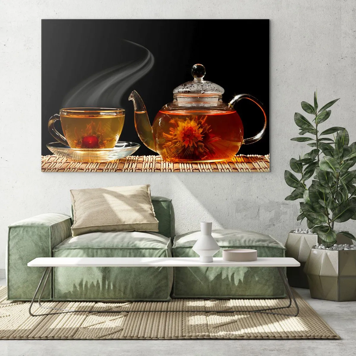 Glass picture - A glass jug and a cup of tea with a flower on a black background - 70x50cm - Magic and Art of Tea Making - Modern wall decoration for the living room and bedroom ARTTOR