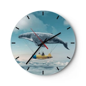 Wall clock - Clock on glass - A flying whale lifting a plane above the clouds - 30x30cm - Why Not? - Modern wall decoration for the living room, kitchen, and bedroom ARTTOR