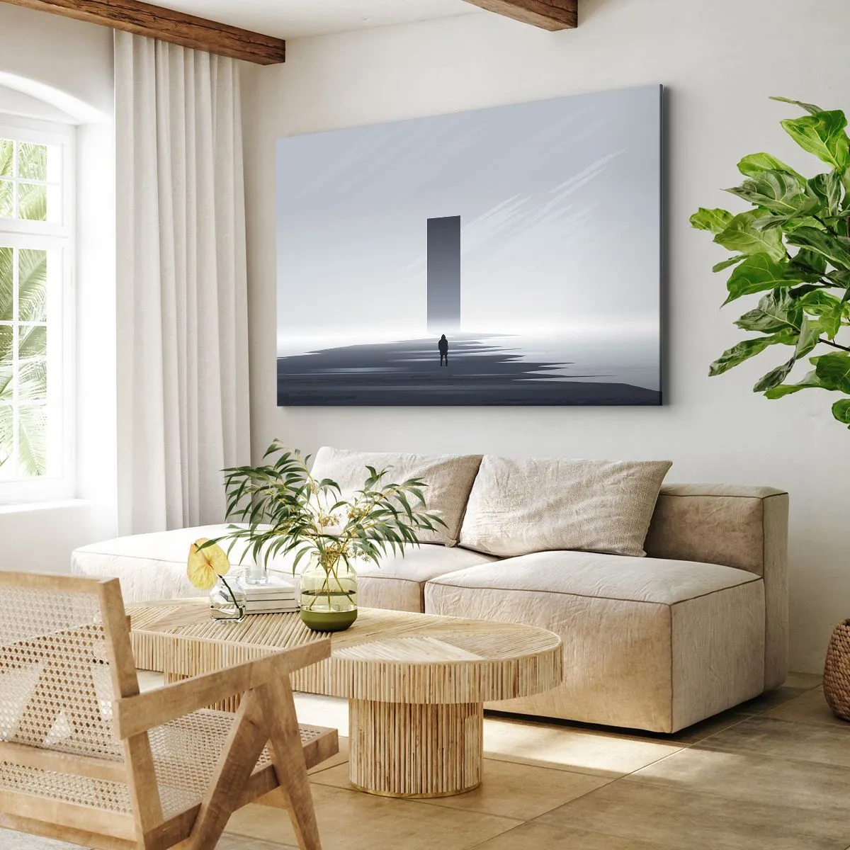 Canvas picture - A minimalist landscape with a silhouette next to a rectangular monolith - 70x50cm - Opportunity or Threat? - Modern wall decoration for the living room and bedroom ARTTOR
