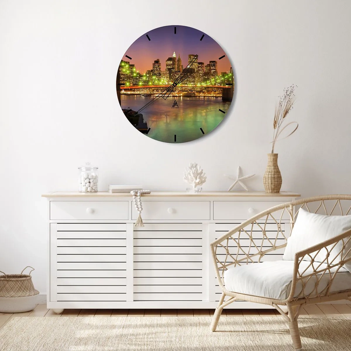 Wall clock - Clock on glass - Illuminated skyscrapers and a bridge over the river in the evening light - 30x30cm - Here Light is Always on - Modern wall decoration for the living room, kitchen, and bedroom ARTTOR