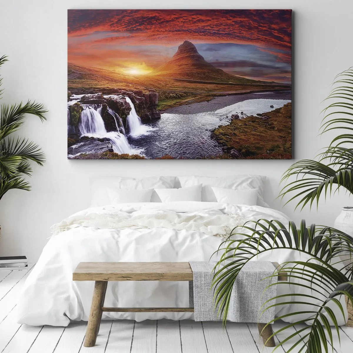Canvas picture - Mountain scenery with a waterfall at sunset - 70x50cm - View of Middle-Earth - Modern wall decoration for the living room and bedroom ARTTOR