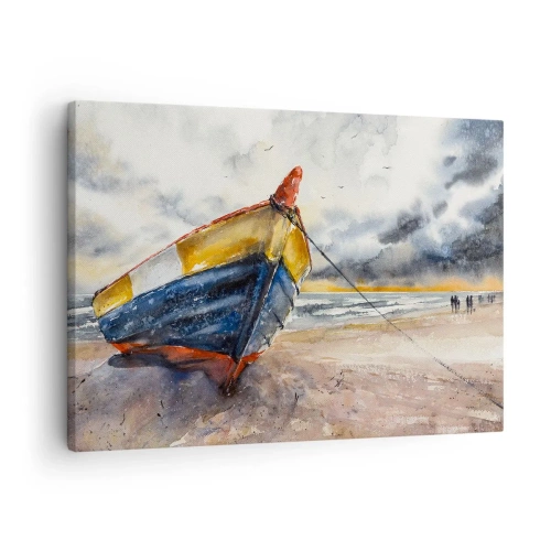 Canvas picture - A picturesque boat on the beach under a cloudy sky - 70x50cm - Rest On the Shore - Modern wall decoration for the living room and bedroom ARTTOR