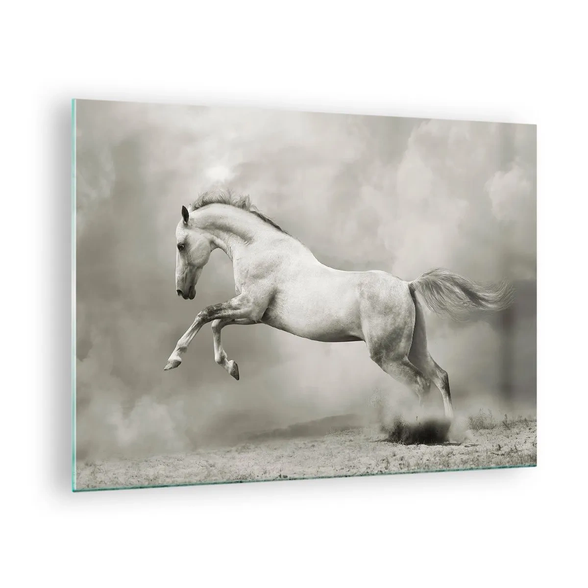 Glass picture - A white horse jumping against the clouds - 70x50cm - Between Dream and Reality - Modern wall decoration for the living room and bedroom ARTTOR