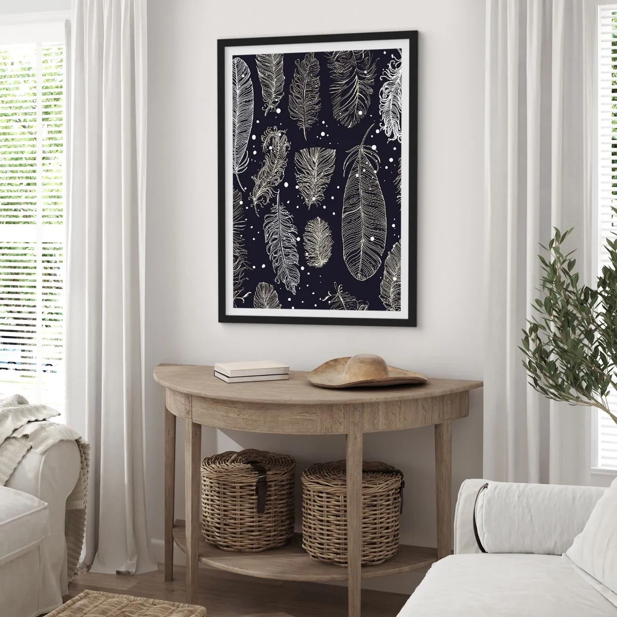 Poster in black frame - White feathers on a black background in an elegant arrangement - 50x70cm - Feathery Lace - Modern wall decoration for the living room and bedroom ARTTOR