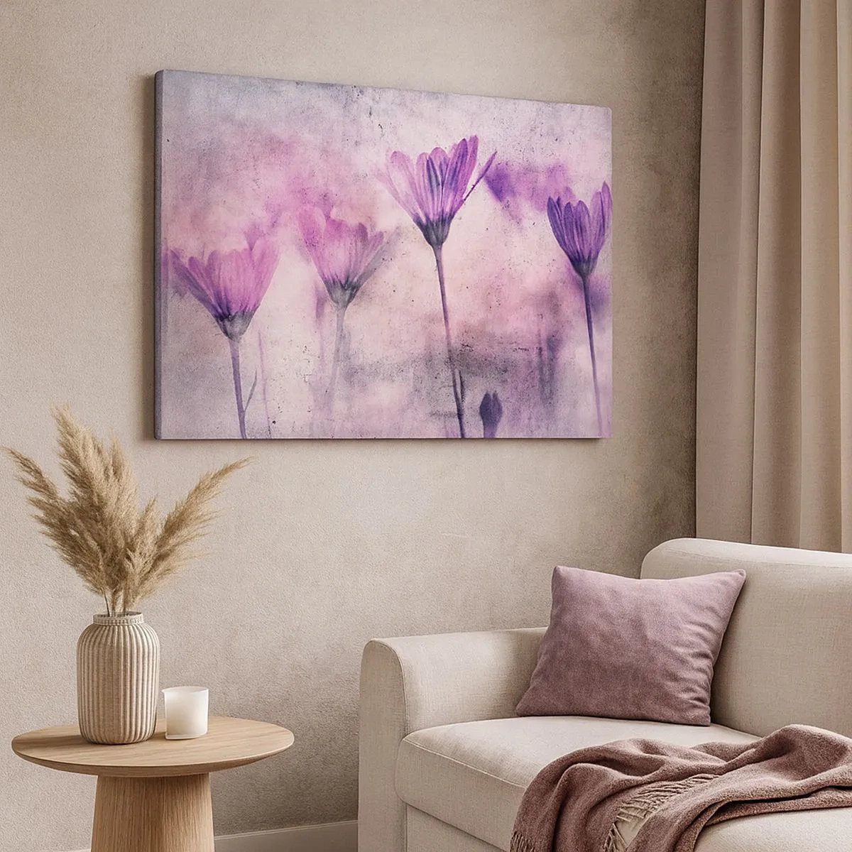Canvas picture - Delicate flowers in shades of purple on a light background - 70x50cm - Dream of Flowers - Modern wall decoration for the living room and bedroom ARTTOR