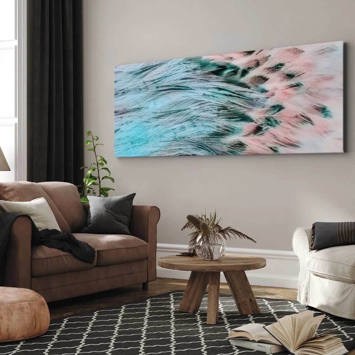 Canvas picture - Sapphire and Pink Feathers - 120x50 cm