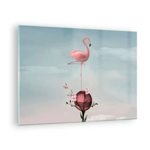 Glass picture - A pink flamingo standing on a decorative ball with flowers and butterflies. - 70x50cm - Allegory of a Basketball - Modern wall decoration for the living room and bedroom ARTTOR