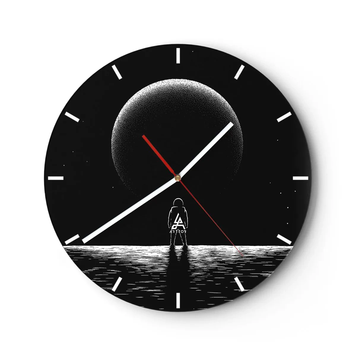 Wall clock - Clock on glass - Silhouette of an astronaut in front of a large planet in space - 30x30cm - Face to Face - Modern wall decoration for the living room, kitchen, and bedroom ARTTOR