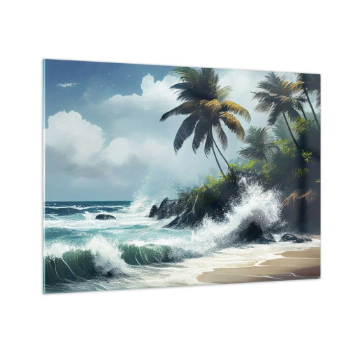 Glass picture - Waves crashing against the rocks by the palm trees on a tropical beach - 70x50cm - On a Tropical Shore - Modern wall decoration for the living room and bedroom ARTTOR