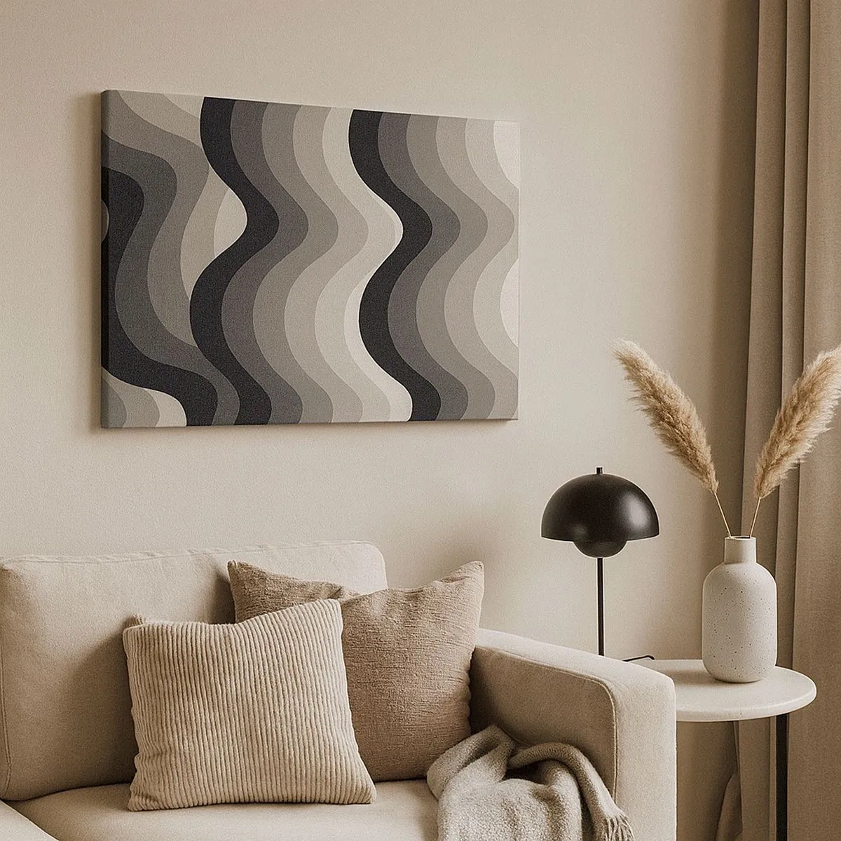 Canvas picture - Black and white wavy patterns in shades of gray - 70x50cm - Wave after Wave - Modern wall decoration for the living room and bedroom ARTTOR