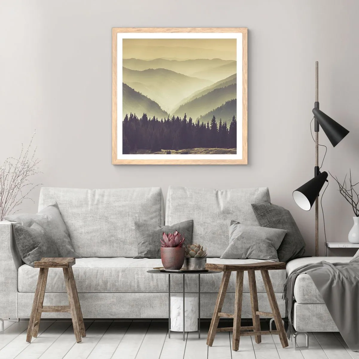 Poster in light oak frame - In a Faraway Land, Past the Mountains - 60x60 cm
