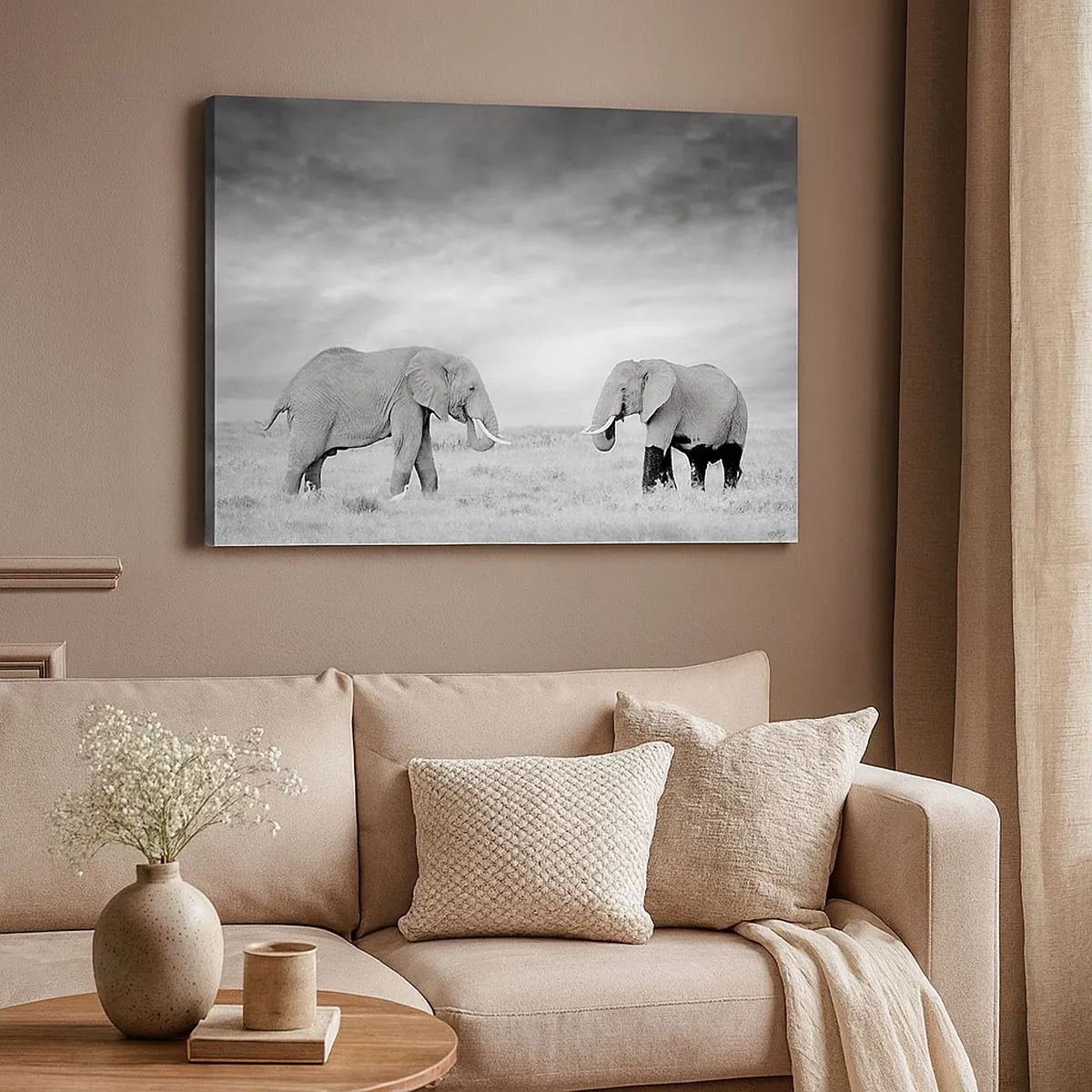 Canvas picture - Two elephants against the backdrop of the African savannah - 70x50cm - Grey Is Beautiful - Modern wall decoration for the living room and bedroom ARTTOR