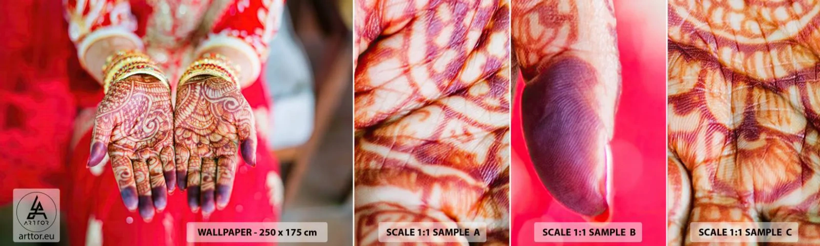 Photo Wallpaper Sample Self-Adhesive Deluxe Sticker - Readt to Catch Happiness - Women's Hands, Oriental Designs, India - 100x30 cm