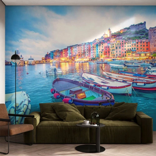 Photo Wallpaper Premium Canvas - Colourful Evening in a Port - Port town, Architecture, Landscape - 200x140 cm