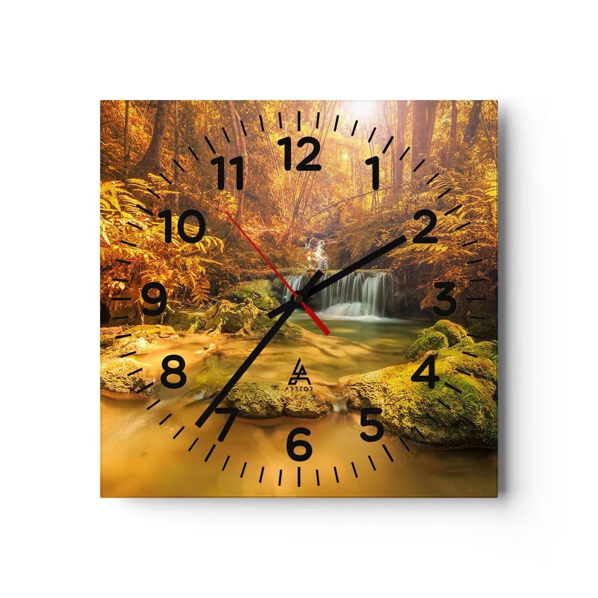 Wall clock - Clock on glass - Forest Cascade in Gold - 40x40 cm