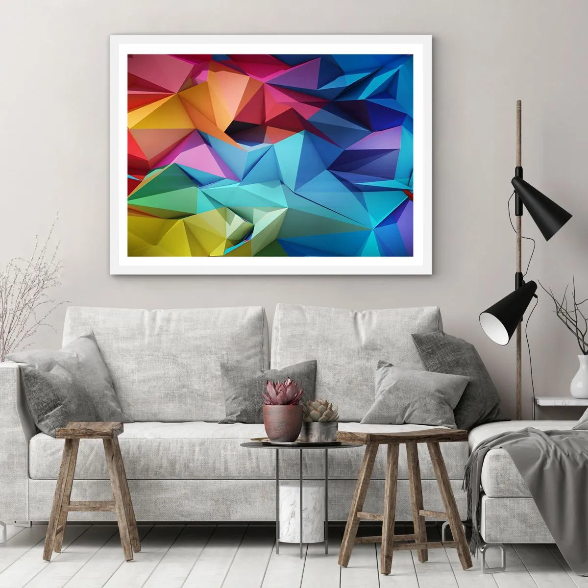 Poster in white frmae - Rainbow Origami - 70x50 cm