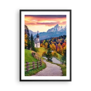 Poster in black frame - Mountain chapel among autumn trees at sunset - 50x70cm - Landscape Like a Picture - Modern wall decoration for the living room and bedroom ARTTOR