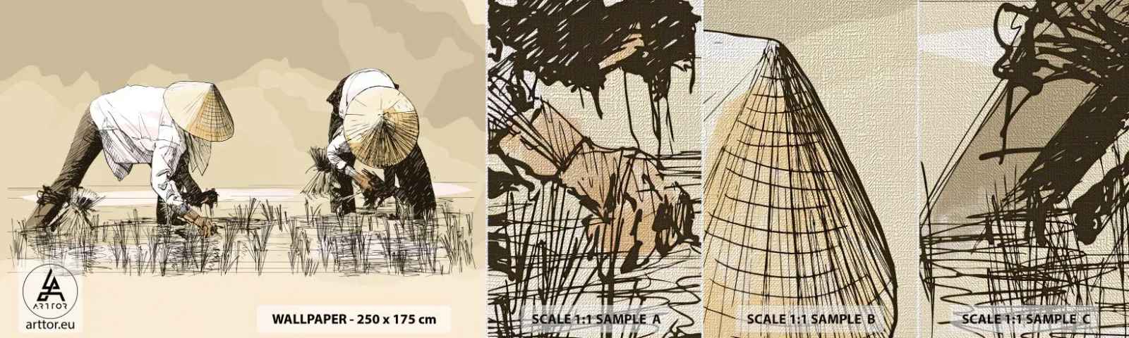 Photo Wallpaper Sample Premium Canvas - Good Harvest - Asia, Rice Plantation, Rice field - 100x30 cm