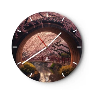 Wall clock - Clock on glass - View of the Japanese-style cherry blossom bridge through the round gate - 30x30cm - Japanese Spring - Modern wall decoration for the living room, kitchen, and bedroom ARTTOR