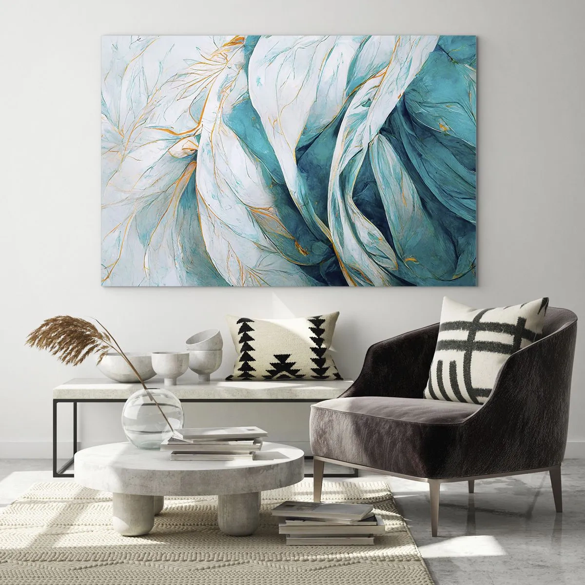 Glass picture - Organic abstraction in blue and gold lines - 70x50cm - Blue Abstract with a Golden Motif - Modern wall decoration for the living room and bedroom ARTTOR