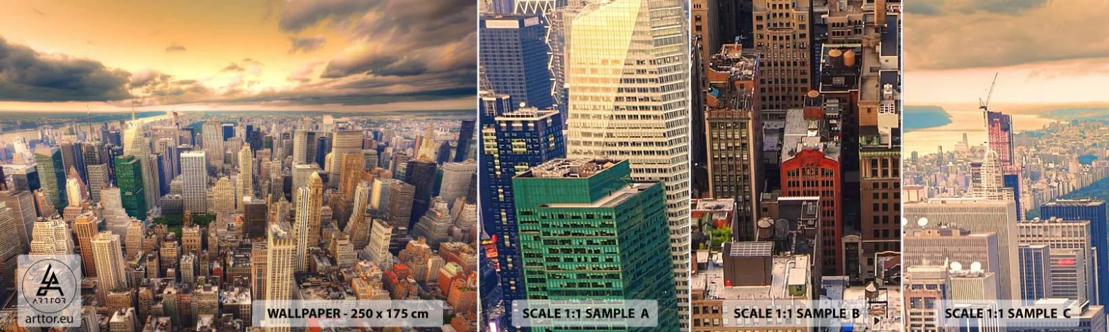 Photo Wallpaper Sample Self-Adhesive Deluxe Sticker - Metropolis in Gold - City, New York, Architecture - 100x30 cm