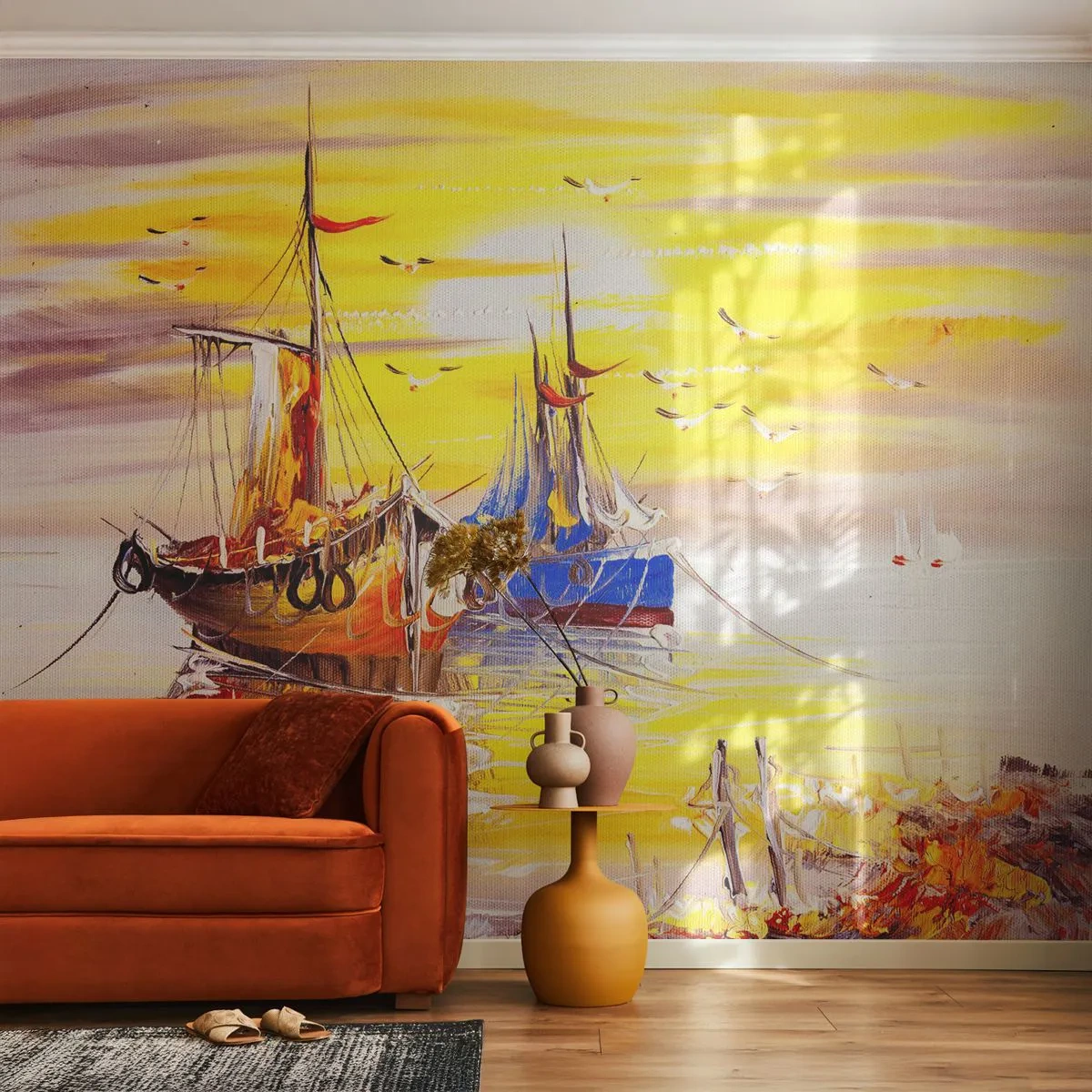 Photo Wallpaper Standard Eco - Deserved Rest in Port - Fishing boat, Fishing, Birds - 450x315 cm