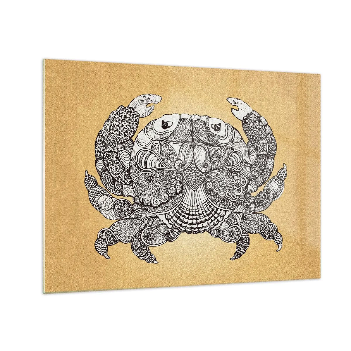 Glass picture - Stylized drawing of a crab with ornaments on a yellow background - 70x50cm - Tales of Mr Crab  - Modern wall decoration for the living room and bedroom ARTTOR