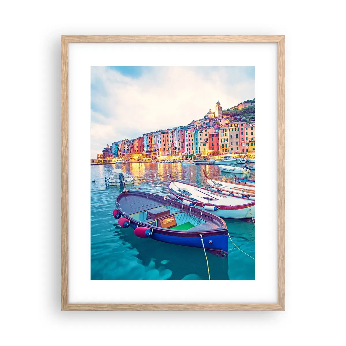 Poster in light oak frame - Colourful Evening in a Port - 40x50 cm