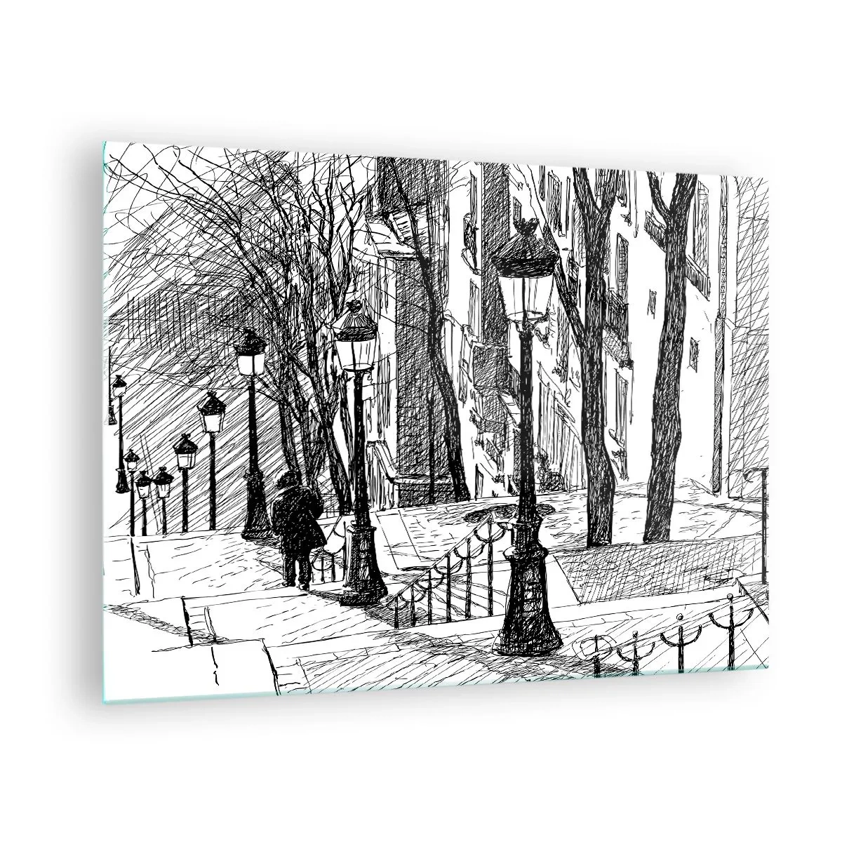 Glass picture - Black and white drawing of a city street with lanterns - 70x50cm - Love Story or a Thriller? - Modern wall decoration for the living room and bedroom ARTTOR