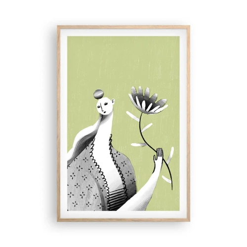 Poster in light oak frame - Modernist Portrait - Holding a FLower - 61x91 cm