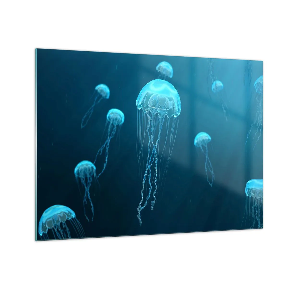 Glass picture - Jellyfish floating in the deep blue ocean - 70x50cm - Ocean Dance - Modern wall decoration for the living room and bedroom ARTTOR