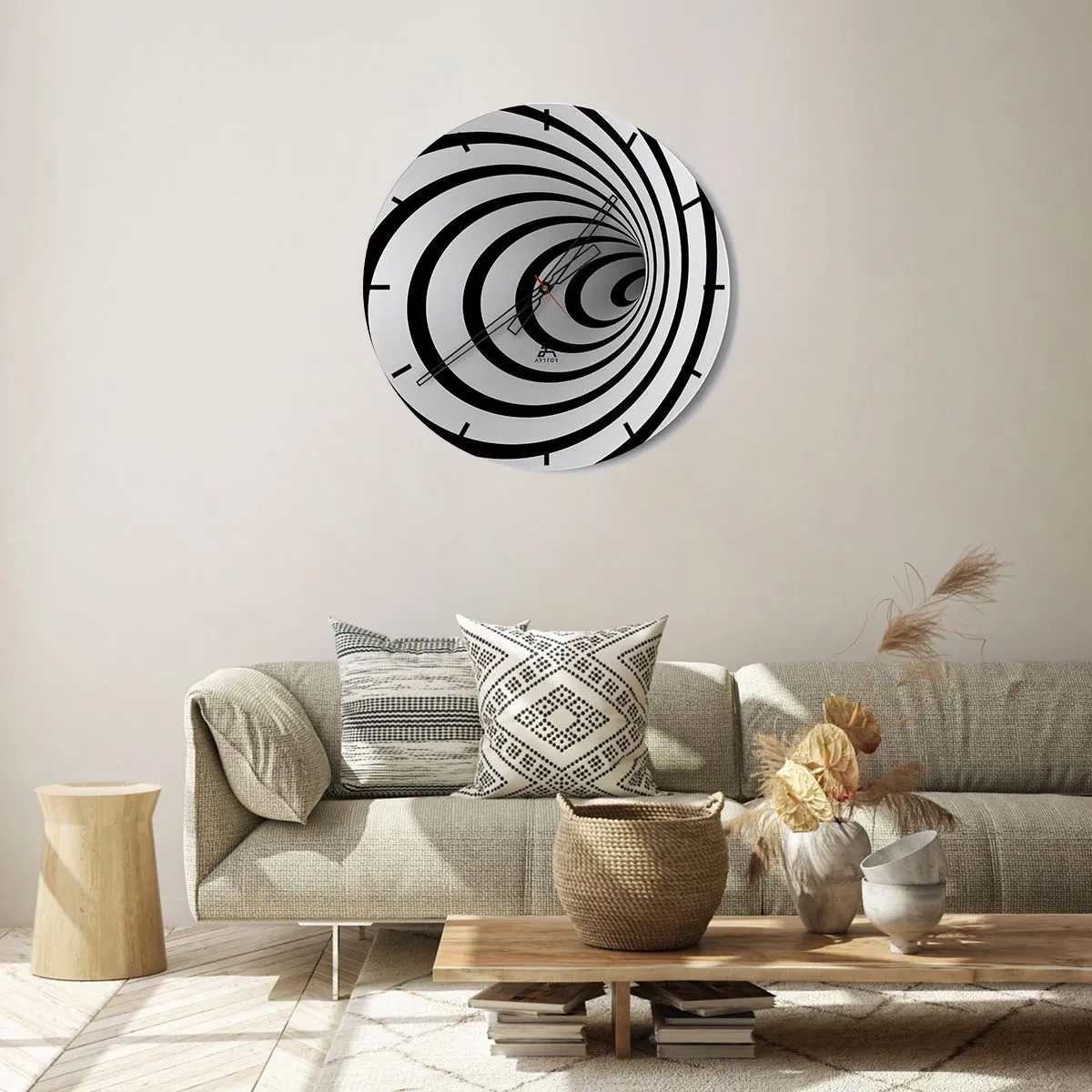 Wall clock - Clock on glass - A mesmerizing spiral pattern in black and white - 30x30cm - You also Can't Resist? - Modern wall decoration for the living room, kitchen, and bedroom ARTTOR