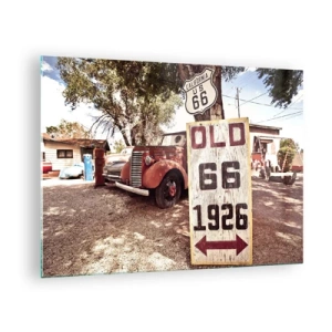 Glass picture - Oldtimer and retro Route 66 sign - 70x50cm - Legend of an American Province - Modern wall decoration for the living room and bedroom ARTTOR