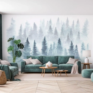 Photo Wallpaper Premium Sand - Wrapped up in a Fog - Landscape, Forest, Spruce - 350x256 cm