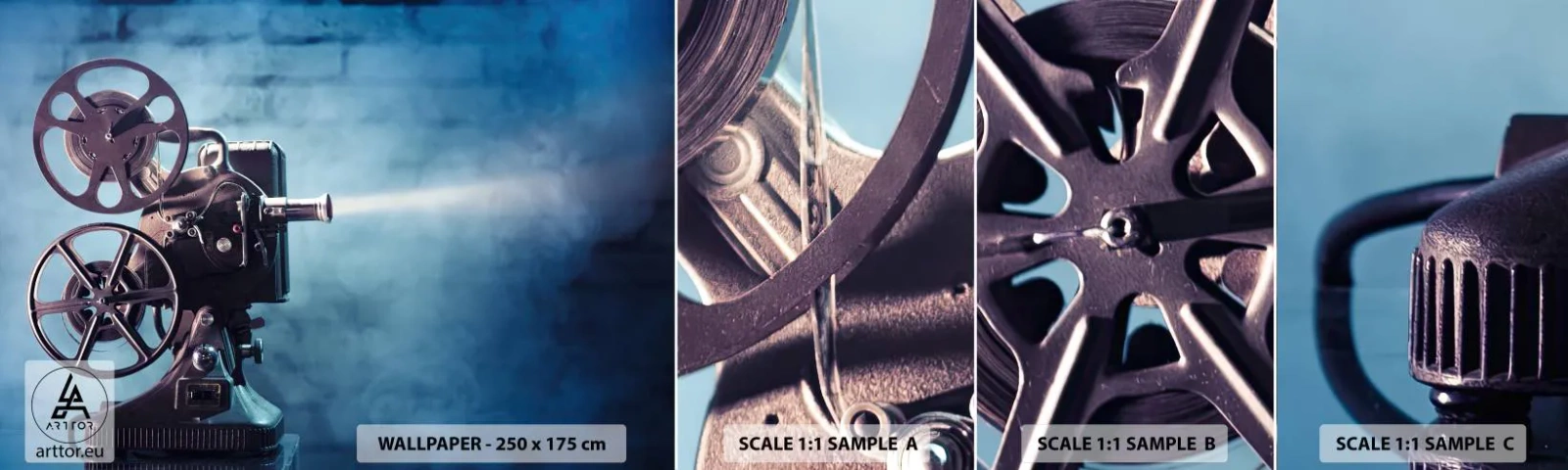 Photo Wallpaper Sample Self-Adhesive Deluxe Sticker - Once Upon a Time at the Cinema - Movie Projector, Vintage, Camera - 100x30 cm